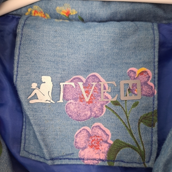 Eve Blue Colorful Floral Quilted Fur Trim Hood Cute Girly Zip Up Coat Size M - Picture 5 of 8